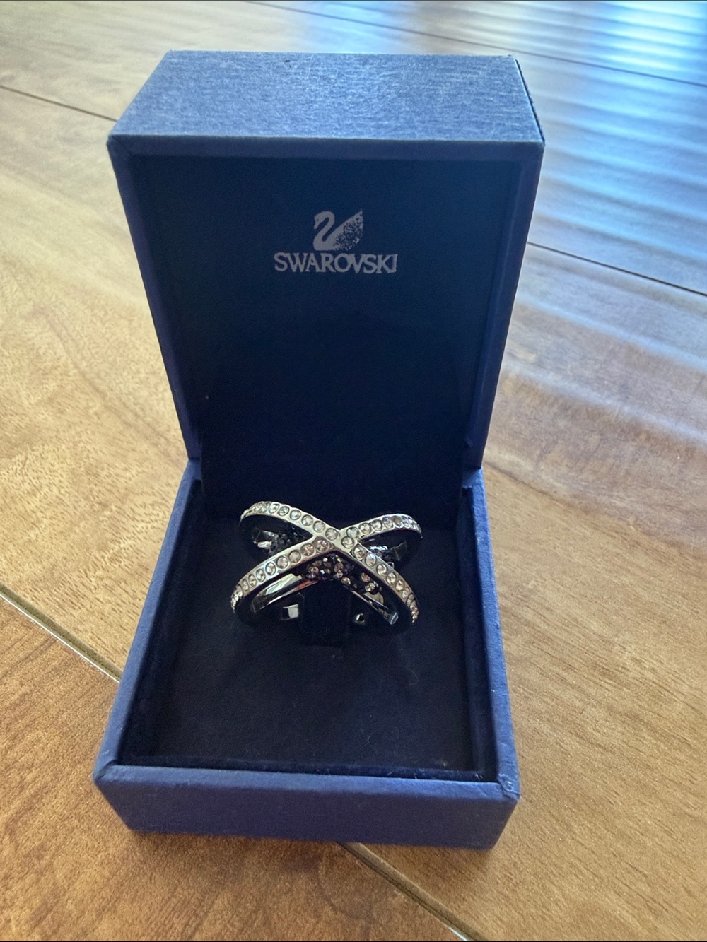 Swarovski Bird Black and Clear Crystal X Crossover Ring